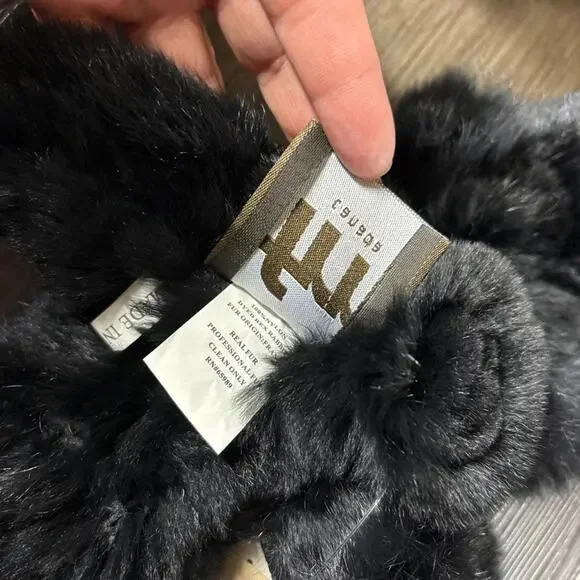 NWT Rex Rabbit Fur Scarf Black Pull Through Tan Slotted Scarves - Picture 5 of 9